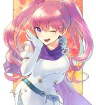  1girl dress eyebrows_visible_through_hair fire_emblem fire_emblem:_the_blazing_blade gloves long_hair one_eye_closed open_mouth pink_hair purple_eyes serra_(fire_emblem) solo twintails upper_body white_gloves youheiogm 