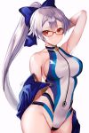  1girl arm_behind_head arm_up bangs blue_bow blue_jacket blue_swimsuit blush bow breasts closed_mouth fate/grand_order fate_(series) glasses hair_between_eyes hair_bow highleg highleg_swimsuit highres hijiri_ruka jacket large_breasts long_hair looking_at_viewer off_shoulder one-piece_swimsuit ponytail red-framed_eyewear red_eyes short_sleeves silver_hair simple_background swimsuit thighs tomoe_gozen_(fate/grand_order) tomoe_gozen_(swimsuit_saber)_(fate) two-tone_swimsuit white_background white_swimsuit 