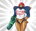  1girl =3 arm_cannon clothes_writing commentary_request covered_eyes covered_face cowboy_shot emphasis_lines facing_viewer green-tinted_eyewear hand_on_hip helmet legs_together long_sleeves meme_attire metroid orange_armor power_suit raglan_sleeves red_helmet samus_aran shirt simple_background sleeves_pushed_up solo standing sugoi_dekai t-shirt torn_clothes visor wakaba_(wata_ridley) weapon white_background white_shirt 