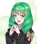  1girl :d bow brown_bow c.x.c fingers_together fire_emblem fire_emblem:_three_houses flayn_(fire_emblem) green_eyes green_hair hair_ornament hands_together highres long_sleeves open_mouth simple_background smile solo upper_body 
