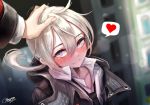  1girl absurdres black_jacket black_neckwear blurry blurry_background blush closed_mouth commentary_request dated girls_frontline grey_hair hair_between_eyes heart highres jacket lavender_eyes long_sleeves looking_at_viewer m200_(girls_frontline) necktie petting ponytail shirt solo_focus spoken_heart upper_body wegan white_shirt 