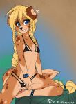  2019 anklet anthro bikini black_nose blonde_hair blue_eyes blush bracelet braided_hair breasts brown_body brown_fur canid canine canis chest_tuft clothing domestic_dog eyelashes female fluff-kevlar fur hair jewelry long_hair looking_at_viewer mammal multicolored_body multicolored_fur navel portrait pose shoulder_tuft small_breasts smile solo spots swimwear tailband three-quarter_portrait tuft zofie 