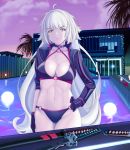  abs absurdres ahoge bikini black_choker breasts candle choker fate/grand_order fate_(series) floating_lights flower gloves highres house jacket jeanne_d&#039;arc_(alter)_(fate) jeanne_d&#039;arc_(alter_swimsuit_berserker) jeanne_d&#039;arc_(fate)_(all) katana large_breasts long_hair looking_at_viewer o-ring o-ring_bikini palm_tree pool poolside quatthro rose stomach swimsuit sword tree very_long_hair weapon white_hair yellow_eyes 