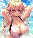  1girl armpits arms_behind_head bangs bikini blonde_hair blue_eyes blue_sky blush breasts cleavage collarbone day eyebrows_visible_through_hair hanikami_kanojo jewelry large_breasts long_hair looking_at_viewer mole necklace open_mouth original outdoors piromizu shoudou_erena sidelocks sky solo swimsuit very_long_hair wet 