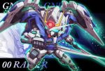  00_raiser character_name chibi commentary_request dual_wielding english_text glowing glowing_eyes gn_drive green_eyes gundam gundam_00 holding king_of_unlucky mecha mechanical_wings no_humans sd_gundam solo sword v-fin weapon wings 