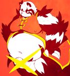  2020 absurd_res anthro balls belly censored chiro_(artist) clothed clothing erection fanfan fur genitals giant_panda hi_res kemono male mammal navel overweight overweight_anthro overweight_male penis red_background simple_background solo ursid white_body white_fur 