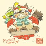 1:1 2016 amphibian anthro belly brown_body brown_fur canid canine christmas clothing doggiemonkey duo frog fur green_body hat headgear headwear holidays kemono low_res male mammal momochi_sandayuu overweight overweight_male raccoon_dog santa_claus scarf sengoku_puzzle tanuki text video_games 
