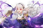  1girl armor artist_name black_hairband breasts cleavage corrin_(fire_emblem) corrin_(fire_emblem)_(female) fire_emblem fire_emblem_fates hairband highres holding holding_sword holding_weapon inkanii long_hair open_mouth pointy_ears red_eyes simple_background solo stone sword weapon white_hair yato_(fire_emblem) 