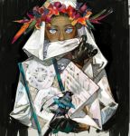  1other ambiguous_gender androgynous bird bird_on_hand black_gloves blue_eyes covering_mouth dark_skin eyeshadow flower gloves head_wreath looking_at_viewer makeup mascara nishihara_isao original sketch solo 