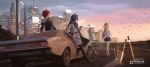  animal animal_ears arknights bird blonde_hair blue_eyes blue_hair building car city clouds croissant_(arknights) exusiai_(arknights) halo hoodie kryp132 logo long_hair orange_hair pantyhose red_hair scenic short_hair skirt sky sora_(arknights) sunset texas_(arknights) wolfgirl 