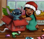  2013 alien black_eyes boonieboo0 box brown_eyes child christmas claws clothing disney duo experiment_(lilo_and_stitch) female fingers gift hair hat headgear headwear hi_res holidays human kneeling lilo_and_stitch lilo_pelekai long_hair looking_at_viewer male mammal open_mouth open_smile santa_hat signature smile snow snowing stitch_(lilo_and_stitch) tongue window young 