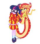  absurd_res alpha_channel amber_hair anthro apode blonde_hair blue_eyes blush clothing coiling draconcopode duo equestria_girls eyewear fangs female footwear glasses hair hasbro hi_res lamia multicolored_hair my_little_pony ponytail pupils purple_eyes red_hair reptile scalie serpentine shoes slit_pupils snake socks split_form standing sunset_shimmer_(eg) twilight_sparkle_(eg) two_tone_hair wubcakeva 