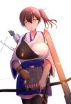  1girl absurdres arrow_(projectile) black_legwear blue_hakama bow_(weapon) breasts brown_eyes brown_hair cowboy_shot flight_deck gloves glowing glowing_eyes hakama hakama_skirt highres holding holding_bow_(weapon) holding_weapon japanese_clothes kaga_(kantai_collection) kantai_collection large_breasts long_hair muneate partly_fingerless_gloves remodel_(kantai_collection) short_sidetail side_ponytail simple_background single_glove solo standing tasuki thighhighs user_wkgs2522 weapon white_background yugake yumi_(bow) 