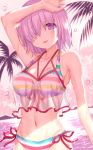  1girl bangs bare_shoulders bikini blush breasts cleavage collarbone fate/grand_order fate_(series) hair_over_one_eye highres large_breasts lavender_hair looking_at_viewer mash_kyrielight morizono_shiki multicolored multicolored_bikini multicolored_clothes navel open_mouth purple_eyes rainbow_bikini sheer_clothes short_hair smile swimsuit swimsuit_of_perpetual_summer_ver.02 