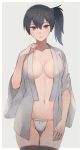  1girl black_hair black_legwear breasts brown_eyes collarbone cowboy_shot fundoshi grey_background groin hair_between_eyes japanese_clothes kaga_(kantai_collection) kantai_collection kasumi_(skchkko) large_breasts long_hair looking_at_viewer navel open_clothes side_ponytail simple_background solo thighhighs wide_sleeves 