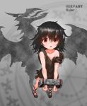  1girl :o bangs bare_arms bare_shoulders black_footwear black_hair bound bound_wrists brown_shirt collarbone commentary_request different_shadow dragon dragon_wings fate_(series) flat_chest from_above full_body hair_between_eyes highres looking_at_viewer looking_up open_mouth original red_eyes shadow shirt shoes solo standing tom-neko_(zamudo_akiyuki) wings 