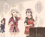  3girls ahoge akebono_(kantai_collection) akishimo_(kantai_collection) alternate_costume anger_vein apron arm_warmers asymmetrical_hair bag bandana bangs black_legwear black_skirt blue_jacket blunt_bangs brown_eyes brown_hair commentary_request cowboy_shot feet_out_of_frame gloves gradient_hair grey_hair grill hair_ornament hairclip happi index_finger_raised jacket japanese_clothes kantai_collection kishinami_(kantai_collection) leaf_hair_ornament long_hair long_sleeves miroku_san-ju multicolored_hair multiple_girls official_alternate_costume open_mouth pants pleated_skirt red_apron sarashi short_hair short_hair_with_long_locks shorts silver_hair skirt standing thighhighs translation_request wavy_hair white_gloves white_pants white_shorts 