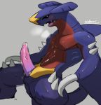  2020 animal_genitalia anthro arm_spikes big_penis blush bodily_fluids breath cum cum_on_penis cum_on_self erection fin garchomp genital_fluids genital_slit genitals grey_background hidoritoyama leg_spikes male nintendo penis pok&eacute;mon pok&eacute;mon_(species) semi-anthro signature simple_background slit solo spikes spikes_(anatomy) sweat tapering_penis video_games 