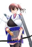  1girl absurdres arrow_(projectile) black_legwear blue_hakama bow_(weapon) breasts brown_eyes brown_hair cowboy_shot flight_deck gloves hakama hakama_skirt highres holding holding_bow_(weapon) holding_weapon japanese_clothes kaga_(kantai_collection) kantai_collection large_breasts long_hair muneate partly_fingerless_gloves remodel_(kantai_collection) short_sidetail side_ponytail simple_background single_glove solo standing tasuki thighhighs user_wkgs2522 weapon white_background yugake yumi_(bow) 