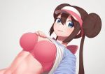  1girl blue_eyes bra breast_suppress breasts brown_hair double_bun grey_background large_breasts long_hair looking_at_viewer pink_bra pokemon pokemon_(game) pokemon_bw2 putchers raglan_sleeves rosa_(pokemon) self_shot shirt_lift simple_background solo stomach twintails underwear visor_cap 