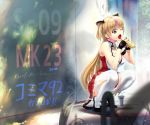  1girl bell bell_collar black_choker black_footwear blonde_hair blurry_foreground breasts choker cleavage collar collarbone dress earrings eating food full_body girls_frontline hair_ornament heart heart_cutout heart_earrings highlights holding holding_food jewelry long_hair medium_breasts mk23_(girls_frontline) multicolored_hair open_mouth red_dress red_eyes sandwiched short_dress sleeveless sleeveless_dress solo soramiruku spread_legs squatting thighhighs very_long_hair white_legwear 