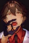  1boy bangs black_background black_gloves black_neckwear blush brown_hair dongbackbyul ensemble_stars! fellatio_gesture formal gloves hair_between_eyes highres jacket looking_at_viewer male_focus morisawa_chiaki necktie open_mouth partly_fingerless_gloves portrait red_eyes red_shirt sexually_suggestive shirt simple_background solo suit teeth tongue white_jacket 
