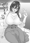  1girl :d aneros blush braid breasts bulge buttons futanari greyscale hair_between_eyes high-waist_skirt holding huge_breasts large_penis long_hair long_skirt looking_at_viewer monochrome open_mouth original penis prostate_massager sex_toy shirt single_braid sitting skirt smile solo tokimachi_eisei translation_request 