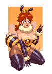  1girl absurdres alternate_costume antennae bee bee_girl black_gloves blue_eyes breasts brown_hair bug crown elbow_gloves fluff fur_trim gloves hand_on_floor highres insect insect_girl insect_wings kneeling large_breasts leotard mario_(series) princess_daisy rizdraws smile stinger thick_thighs thighs v wings yellow_leotard 