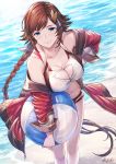  1girl ball beach beachball bikini blue_eyes braid brown_hair granblue_fantasy hand_on_hip ivris jacket leona_(granblue_fantasy) long_hair navel ocean red_jacket signature smile swimsuit 