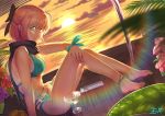  1girl ahoge anklet aqua_bikini aqua_bow bangs barefoot bikini black_bow black_scarf blonde_hair blurry blurry_background bow braid breasts cleavage closed_mouth dutch_angle eyebrows_visible_through_hair fate_(series) flower french_braid hair_between_eyes hair_bow highres jewelry koha-ace multi-strapped_bikini navel ocean okita_souji_(fate)_(all) okita_souji_(swimsuit_assassin)_(fate) purple_flower red_flower scarf shiny shiny_hair short_hair sideboob smile solo soramiruku sunset swimsuit underboob wrist_bow yellow_eyes 