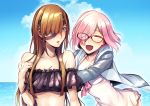  2girls :d bikini black_bikini blue_eyes blue_sky blush breasts brown_hair casual_one-piece_swimsuit cleavage closed_eyes cloud eyepatch fate/grand_order fate_(series) floating_hair frilled_bikini frills hair_over_one_eye highres jacket long_hair long_sleeves mash_kyrielight medium_breasts multiple_girls ocean one-piece_swimsuit open_clothes open_jacket open_mouth ophelia_phamrsolone pink_hair pushing shiny shiny_hair short_hair sketch sky smile straight_hair strapless strapless_bikini swimsuit upper_body very_long_hair white_swimsuit wokoko 