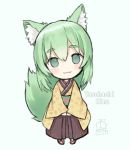  1girl :3 animal_ear_fluff animal_ears bangs blue_background blush brown_footwear brown_hakama brown_kimono capriccio character_name chibi closed_mouth commentary_request copyright_request dated eyebrows_visible_through_hair fox_ears fox_girl fox_tail full_body green_eyes green_hair hair_between_eyes hakama japanese_clothes kimono long_hair long_sleeves signature simple_background sleeves_past_wrists socks solo standing tabi tail tail_raised thick_eyebrows virtual_youtuber white_legwear wide_sleeves yasohachi_rina zouri 