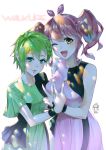  2girls blue_eyes breasts brown_eyes flat_chest ge_xi green_hair hairband highres large_breasts looking_at_viewer macross macross_delta makina_nakajima medium_hair multiple_girls one_eye_closed open_mouth pink_hair pointy_ears reina_prowler short_hair smile thick_lips twintails walkure_(macross_delta) 