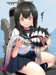  1girl black_hair blue_sailor_collar blue_skirt blue_sky braid brown_eyes commentary_request day enemy_naval_mine_(kantai_collection) facing_viewer full_body funnel hair_between_eyes highres isonami_(kantai_collection) kantai_collection long_hair machinery mountain ocean outdoors pleated_skirt sailor_collar school_uniform serafuku sidelocks skirt sky smokestack teeth tentacles tsusshi water wavy_mouth 