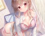  ass blush bow bra braids brown_hair close cropped long_hair open_shirt original panties red_eyes see_through sousouman underwear wet 