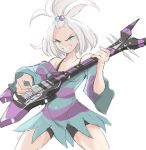  1girl baggy_clothes bass_guitar bike_shorts blue_eyes bra_strap commission dress fang forehead hair_bobbles hair_ornament highres instrument looking_at_viewer petite pokemon pokemon_(game) pokemon_bw2 rakeem_garcia-cueto roxie_(pokemon) solo striped striped_dress topknot white_hair 