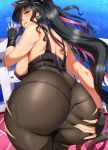  1girl ass ass_grab bent_over bikini black_bikini black_bodysuit black_gloves black_hair bodysuit breasts fate/grand_order fate_(series) fingerless_gloves forehead_tattoo from_behind gloves grabbing_own_ass hand_on_ass hand_on_own_ass hat highres large_breasts long_hair looking_back magukappu multicolored_hair peaked_cap police_hat ponytail presenting purple_hair sesshouin_kiara_(swimsuit_mooncancer)_(fate) solo spread_ass streaked_hair swimsuit yellow_eyes 