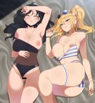  2girls ah-lyong_lee ass bar_censor bed_sheet bikini bikini_pull black_hair blue_eyes blush breasts censored collarbone eyewear_on_head girls_frontline hair_between_eyes hair_ribbon highres kalina_(girls_frontline) large_breasts long_hair looking_at_viewer lying mole mole_on_breast mole_under_eye multiple_girls nipples on_back one_breast_out python_(girls_frontline) ribbon side_ponytail smile striped striped_bikini sunglasses swimsuit thigh_strap white_ribbon yellow_eyes 