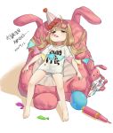  1girl absurdres air_pump balloon barefoot bed bike_shorts brown_eyes commentary_request confetti futaba_anzu highres idolmaster idolmaster_cinderella_girls long_hair low_twintails lying party_horn shirt simple_background solo string_of_flags striped striped_bike_shorts stuffed_animal stuffed_bunny stuffed_toy t-shirt twintails white_background xi_xeong you_work_you_lose 