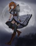  1girl belt blue_eyes boots bow breasts ciconia_no_naku_koro_ni cloud company_connection crossover dress fingerless_gloves flying gauntlets gloves highres higurashi_no_naku_koro_ni hippokrena looking_at_viewer moon night orange_hair ryuuguu_rena single_gauntlet thighhighs thighs 