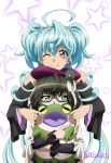  2girls ahoge artist_name bare_shoulders black_hair blue_eyes blue_hair blush braid cagliostro_(symphogear) closed_mouth eyebrows_visible_through_hair glasses hat holding holding_toy looking_at_viewer miyabi_mt-b multiple_girls one_eye_closed prelati_(symphogear) purple_eyes senki_zesshou_symphogear shiny shiny_hair shiny_skin simple_background smile starry_background stuffed_toy toy upper_body 