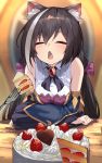  1girl animal_ear_fluff animal_ears bangs bare_shoulders black_hair blurry blurry_background blush bow breasts cake cake_slice candy cat_ears cat_girl chocolate chocolate_heart commentary_request detached_sleeves facing_viewer fang feeding food fork fruit hair_bow heart highres karyl_(princess_connect!) long_hair long_sleeves low_twintails medium_breasts multicolored_hair open_mouth princess_connect! princess_connect!_re:dive purple_bow solo strawberry strawberry_shortcake streaked_hair tail twintails upper_body whipped_cream white_hair yuuuuu 