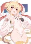  1girl :d andira_(granblue_fantasy) animal_ears bare_shoulders blonde_hair blush breasts cameltoe circlet commentary_request covered_navel day detached_sleeves erune fang granblue_fantasy groin hands_up highres leotard long_sleeves looking_at_viewer makabe_gorou monkey_ears monkey_girl monkey_tail nail_polish open_mouth red_eyes red_nails short_twintails small_breasts smile solo tail thighhighs twintails white_legwear white_leotard white_sleeves wide_sleeves 