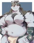  2020 anthro belly blush bulge canid canine canis clothing fur grey_body grey_fur hi_res horkeukamui humanoid_hands kemono loincloth male mammal moobs nipples overweight overweight_anthro overweight_male solo tokyo_afterschool_summoners uma_shika19 video_games wolf 