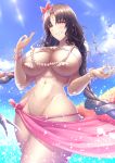  1girl bangs bare_shoulders bikini black_hair blue_sky blush bracelet braid breasts chest_tattoo cleavage facial_mark fate/grand_order fate_(series) flower forehead_mark grin hair_flower hair_ornament highres jewelry large_breasts long_hair looking_at_viewer multicolored_hair navel necklace ocean parted_bangs pearl_bracelet pearl_necklace pink_hair sarong seashell_necklace sesshouin_kiara sesshouin_kiara_(swimsuit_mooncancer)_(fate) shiroshisu sky smile streaked_hair sunlight swimsuit tattoo thighs twin_braids very_long_hair wading white_bikini yellow_eyes 