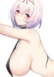  1girl bangs bare_arms bare_shoulders black_hairband blush breasts closed_mouth eyebrows_visible_through_hair from_side hair_between_eyes hairband hanging_breasts heterochromia highres large_breasts looking_at_viewer nakatama_kyou original shiny shiny_skin short_hair sideboob simple_background smile solo white_background 