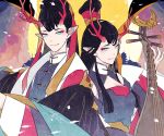  1boy 1girl architecture biwa_lute black_hair blue_eyes chaninin east_asian_architecture fish horns instrument long_hair looking_at_viewer lute_(instrument) pixiv_fantasia pixiv_fantasia_age_of_starlight red_horns red_pupils signature smile upper_body wide_sleeves 