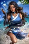  1girl avatar:_the_last_airbender avatar_(series) ayya_saparniyazova black_gloves black_hair blue_dress blue_eyes breasts choker dark_skin dress elbow_gloves gloves katara long_hair medium_breasts panties tagme underwear water white_panties 