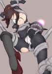  1girl absurdres armpits black_bodysuit black_headband bodysuit breasts brown_hair clothes_writing covered_navel enemy_naval_mine_(kantai_collection) green_eyes hachimaki hair_flaps hatsuzuki_(kantai_collection) headband highres kantai_collection nakahara_nakahara nipples panties restrained shinkaisei-kan short_hair small_breasts solo tentacles torn_bodysuit torn_clothes underwear white_panties yellow_eyes 