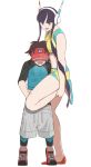  1boy 1girl age_difference aqua_footwear bangs bare_arms bike_shorts black_hair blunt_bangs breasts brown_hair censored commentary_request elesa_(pokemon) flats green_eyes gym_leader hand_on_another&#039;s_head hand_on_another&#039;s_thigh headphones height_difference highres leg_hold leg_up looking_down mizuno_(pixiv31352320) mosaic_censoring nate_(pokemon) open_mouth penis pokemon pokemon_(game) pokemon_bw2 red_footwear shiny shiny_skin short_hair_with_long_locks shorts smile tall_female teeth thigh_sex tongue visor_cap 